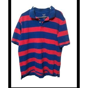 Faded Glory Mens XL Blue Red Striped Short Sleeve Polo Shirt Cotton Blend Casual
